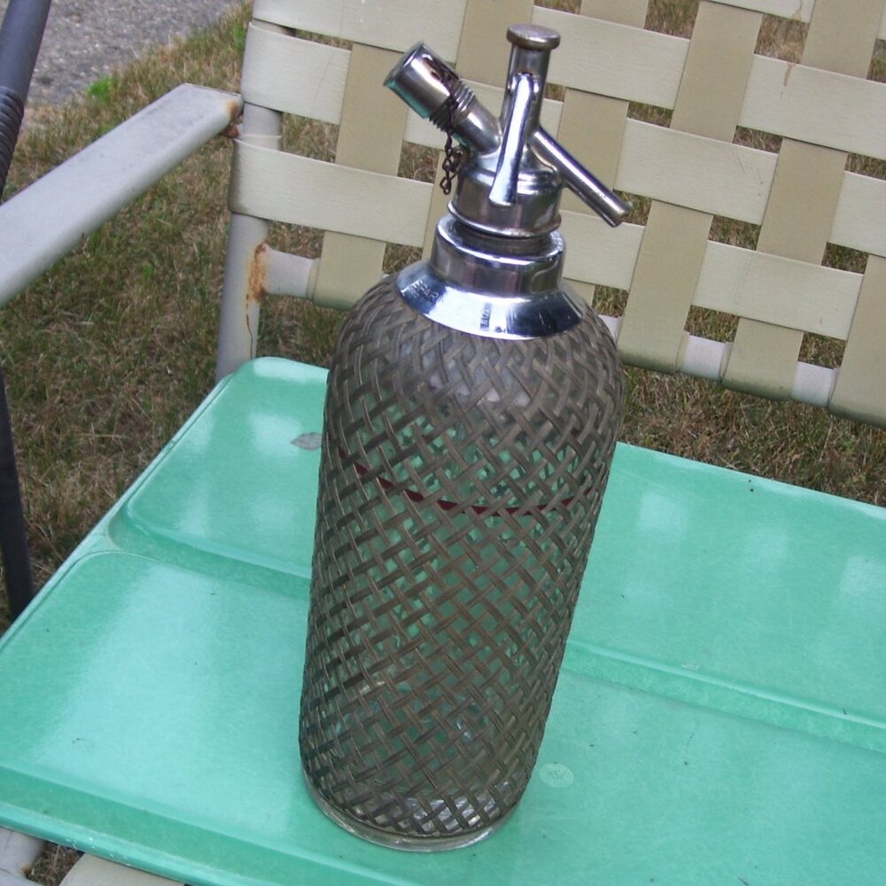 Vintage Art Deco Metal Wire Mesh Czech Glass Seltzer Bottle Sparklets